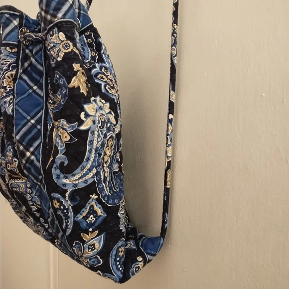 Vera Bradley Drawstring Backpack Blue Floral and Plaid Pattern - Picture 15 of 16